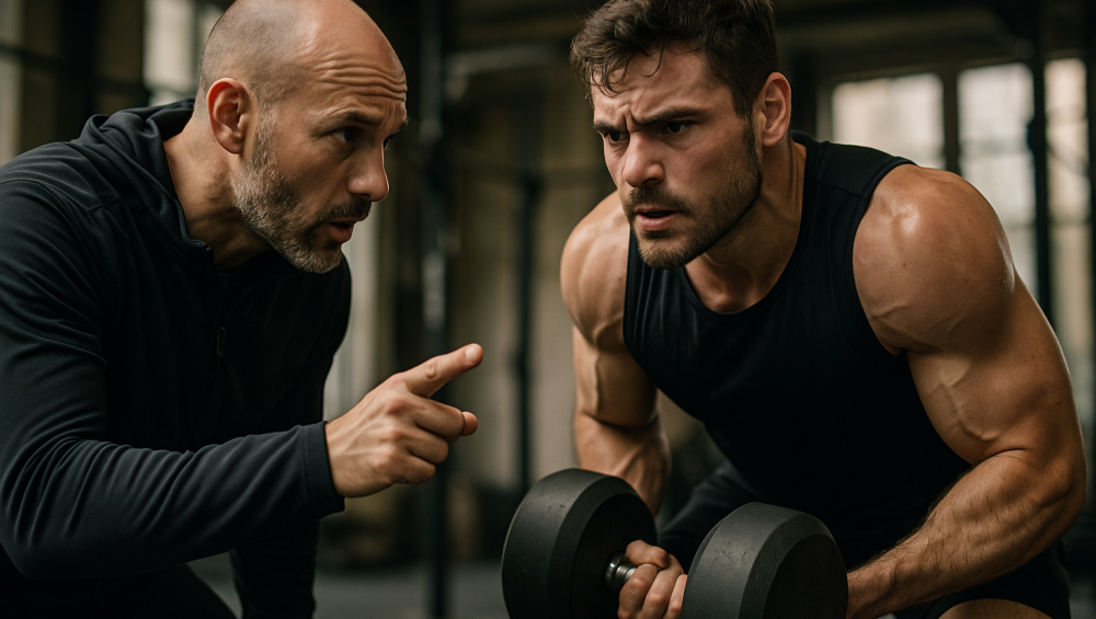 =Entrenador guiando a un atleta en entrenamiento intensivo
